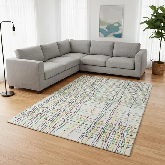 White Yellow Green And Pink Striped Washable Area Rug With UV Protection Photo 2