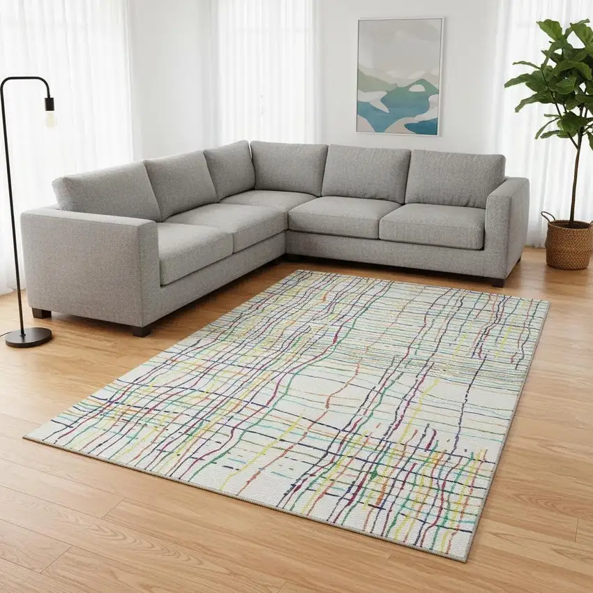 White Yellow Green And Pink Striped Washable Area Rug With UV Protection Photo 2