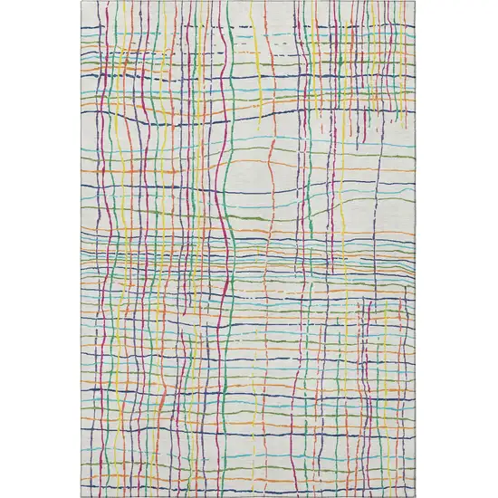 White Yellow Green And Pink Striped Washable Area Rug With UV Protection Photo 2