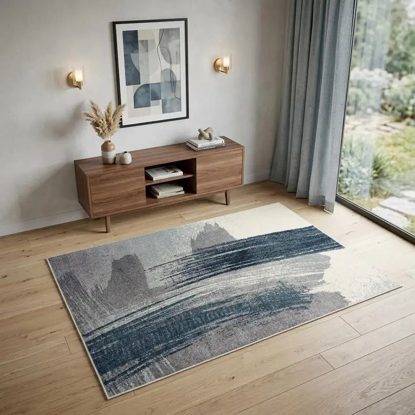 Blue and White Abstract Shag Power Loom Area Rug Photo 1
