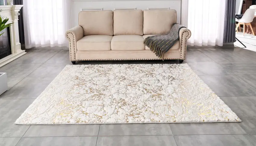 White and Gold Faux Fur Abstract Shag Non Skid Area Rug Photo 8