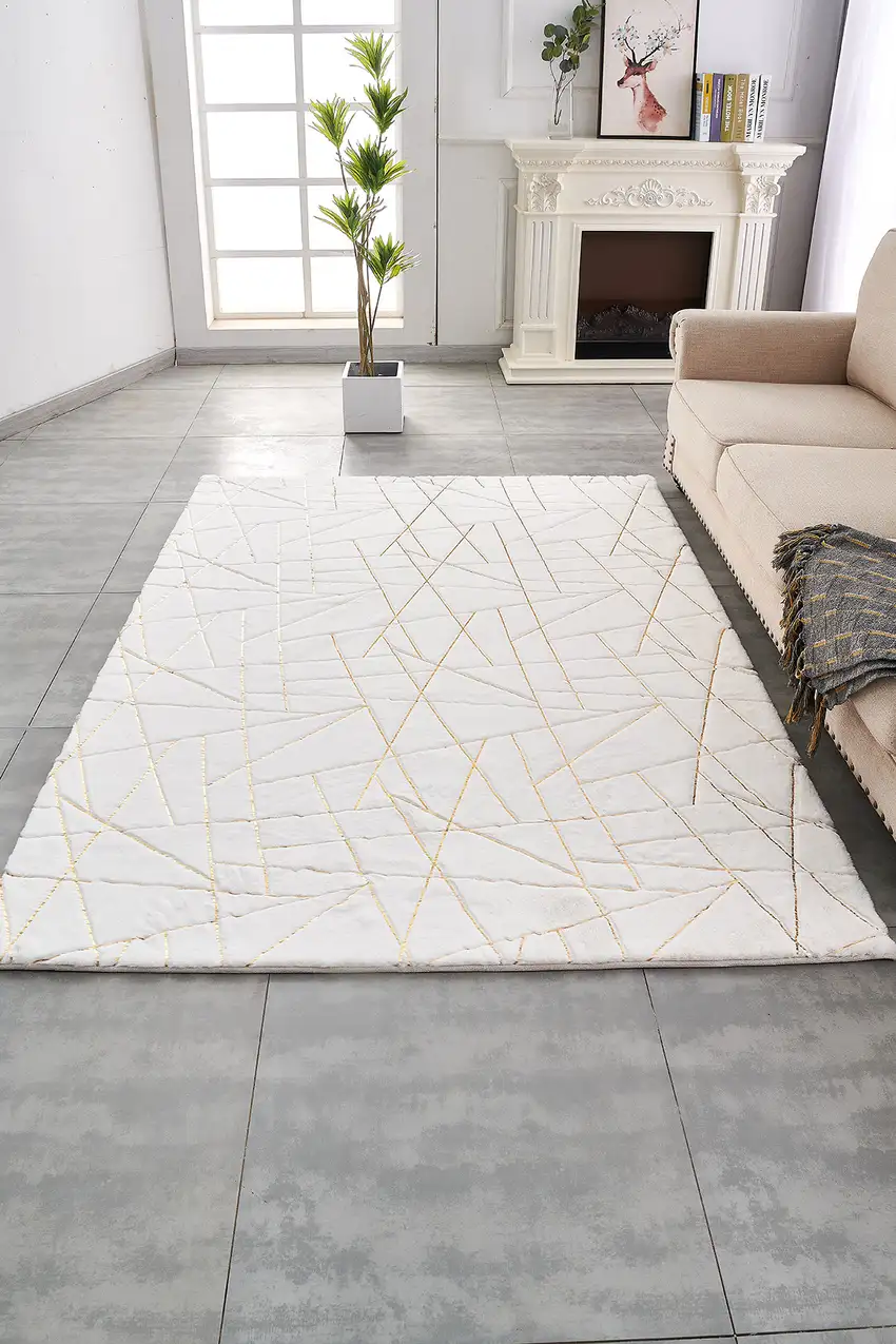 White and Gold Faux Fur Abstract Shag Non Skid Area Rug Photo 8