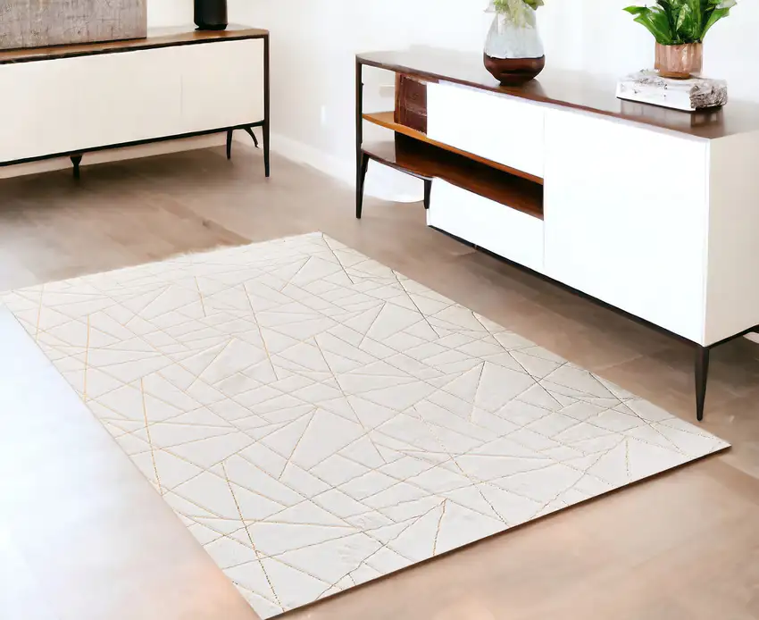 White and Gold Faux Fur Abstract Shag Non Skid Area Rug Photo 1