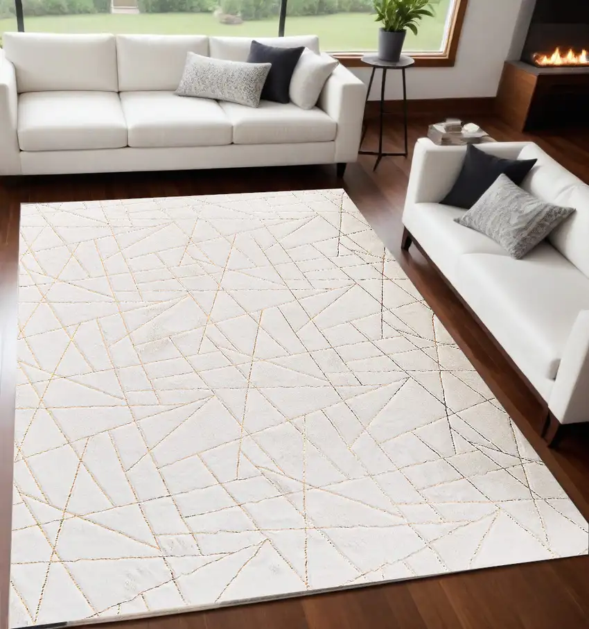 White and Gold Faux Fur Abstract Shag Non Skid Area Rug Photo 2