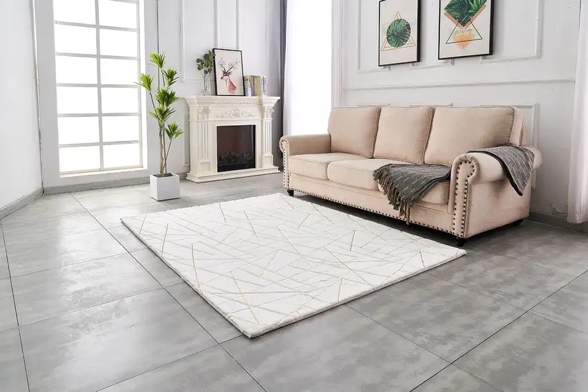 White and Gold Faux Fur Abstract Shag Non Skid Area Rug Photo 8