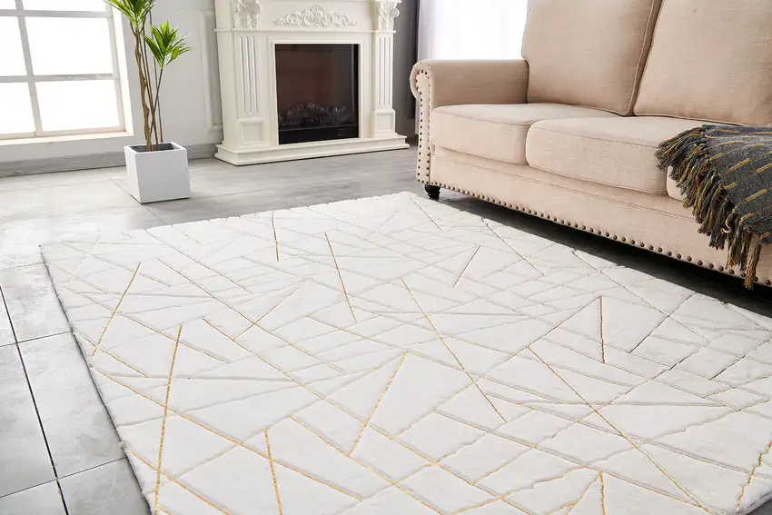 White and Gold Faux Fur Abstract Shag Non Skid Area Rug Photo 7