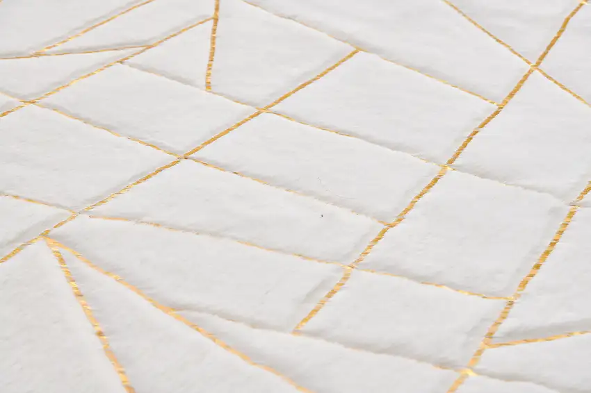 White and Gold Faux Fur Abstract Shag Non Skid Area Rug Photo 4