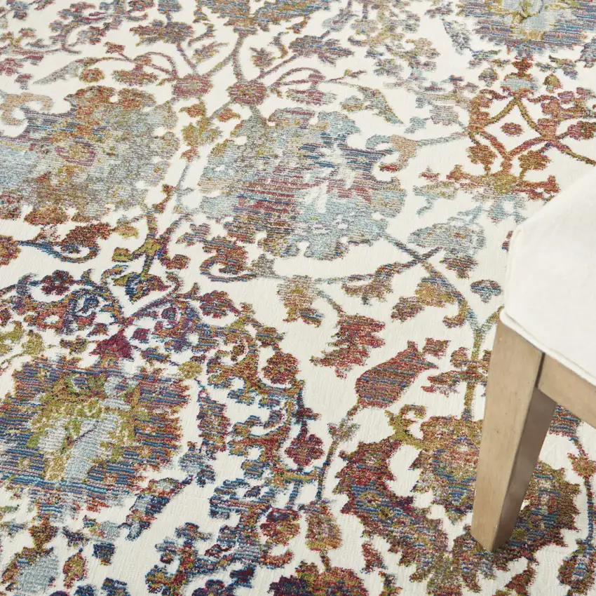 White and Golden Brown Floral Distressed Non Skid Area Rug Photo 9