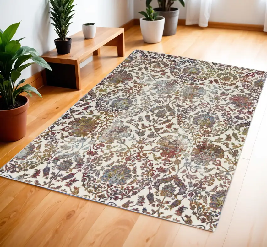 White and Golden Brown Floral Distressed Non Skid Area Rug Photo 1