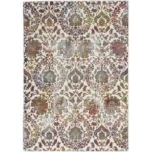 Photo of White and Golden Brown Floral Distressed Non Skid Area Rug