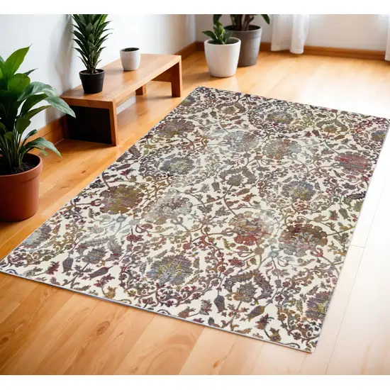 White and Golden Brown Floral Distressed Non Skid Area Rug Photo 2