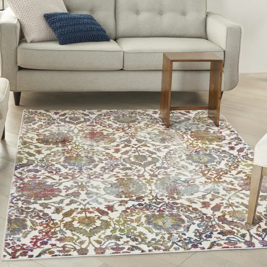 White and Golden Brown Floral Distressed Non Skid Area Rug Photo 5
