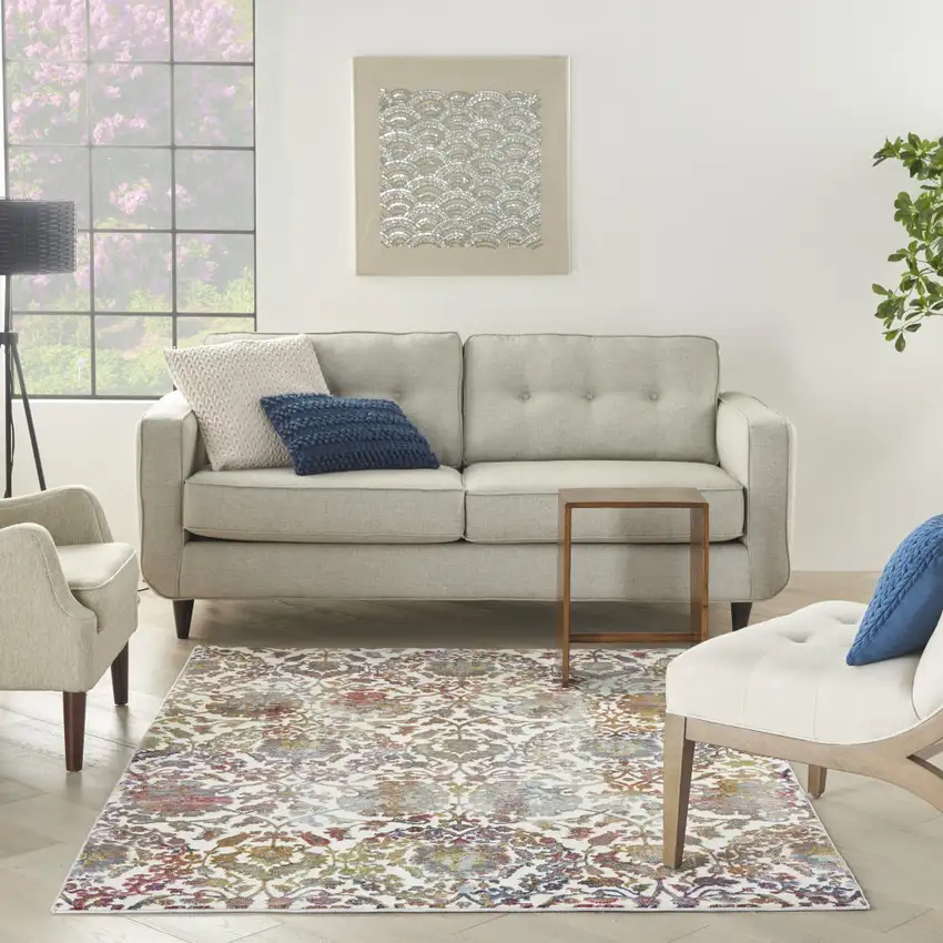 White and Golden Brown Floral Distressed Non Skid Area Rug Photo 6