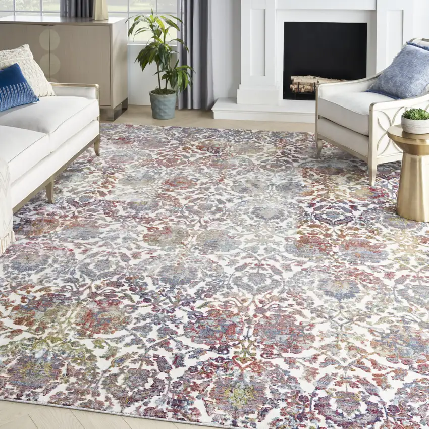 White and Golden Brown Floral Distressed Non Skid Area Rug Photo 3