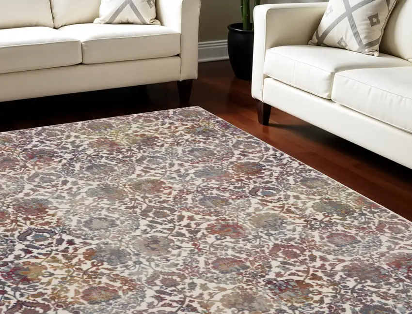 White and Golden Brown Floral Distressed Non Skid Area Rug Photo 1