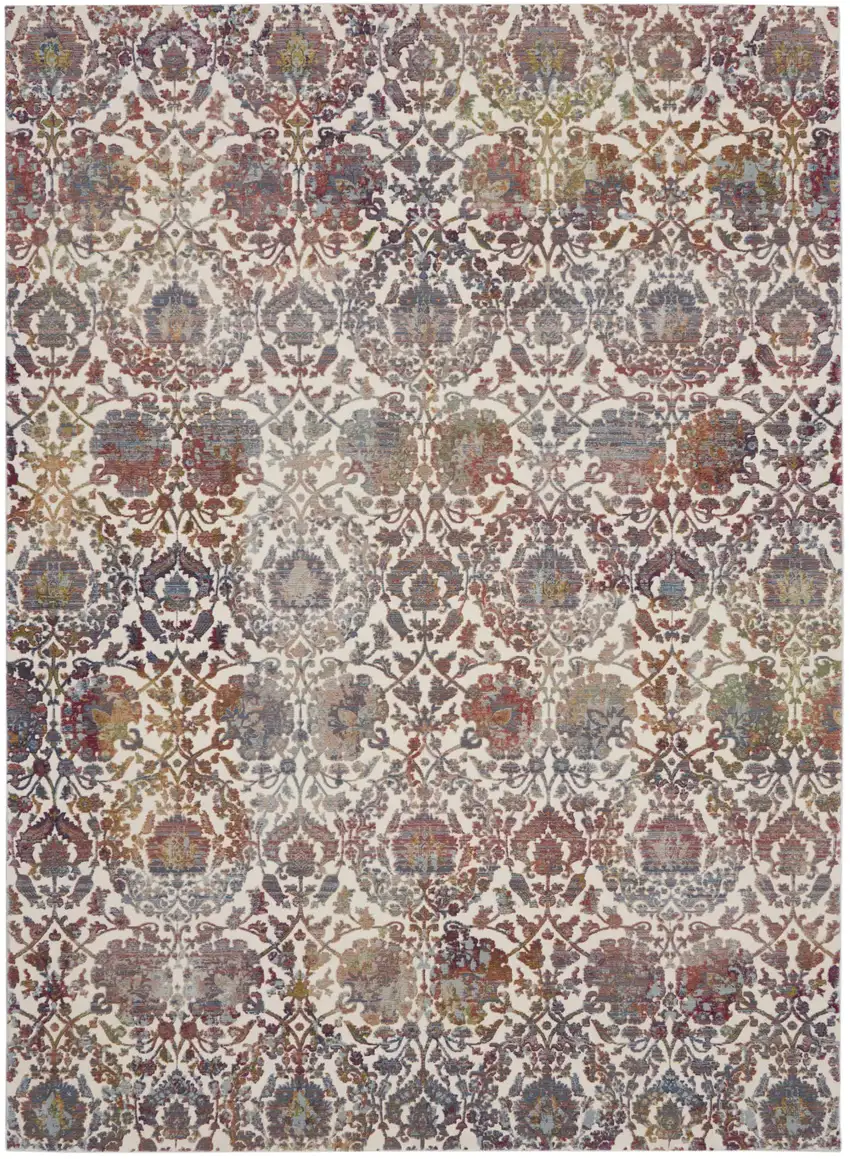 White and Golden Brown Floral Distressed Non Skid Area Rug Photo 2