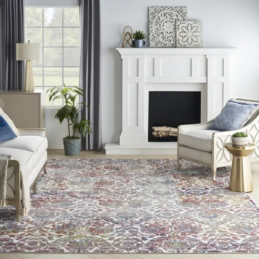 White and Golden Brown Floral Distressed Non Skid Area Rug Photo 5