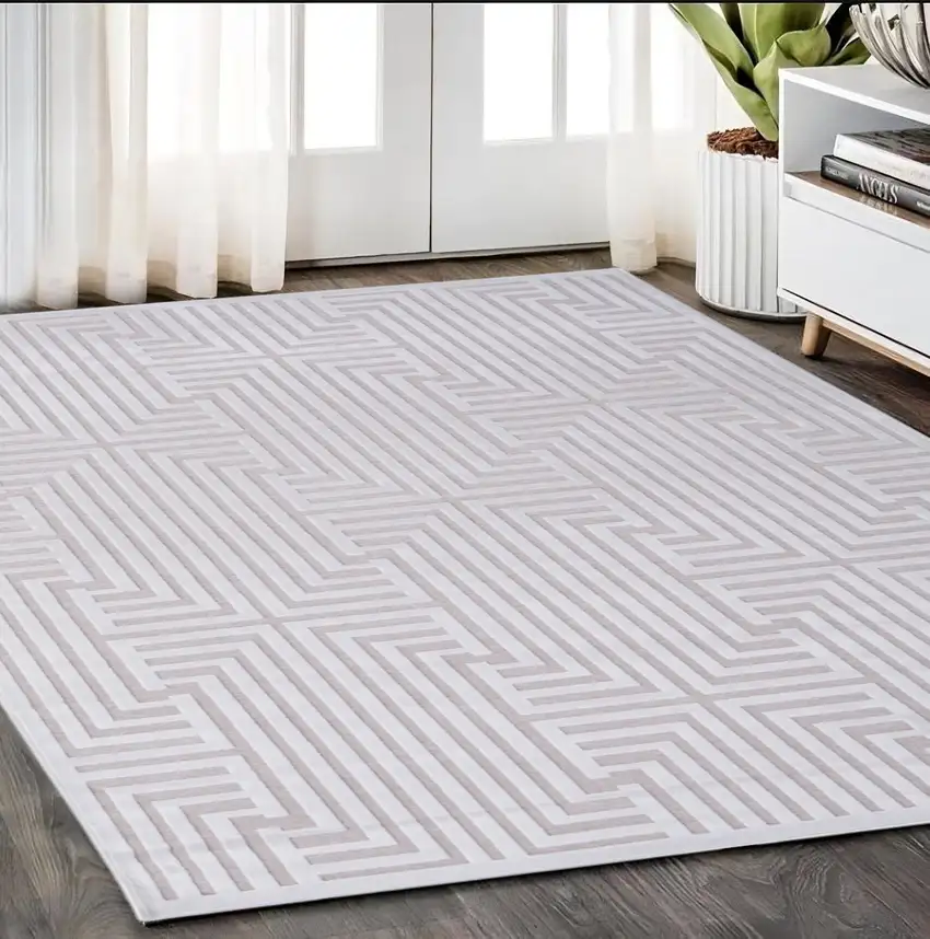 White and Pink Geometric Power Loom Area Rug Photo 1