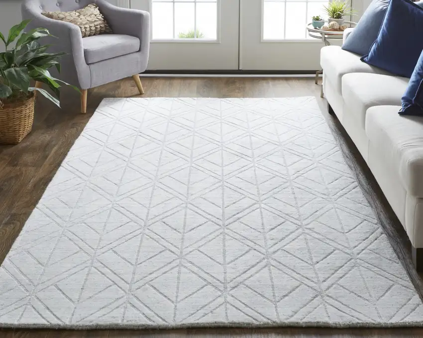 White and Silver Geometric Hand Woven Area Rug Photo 6