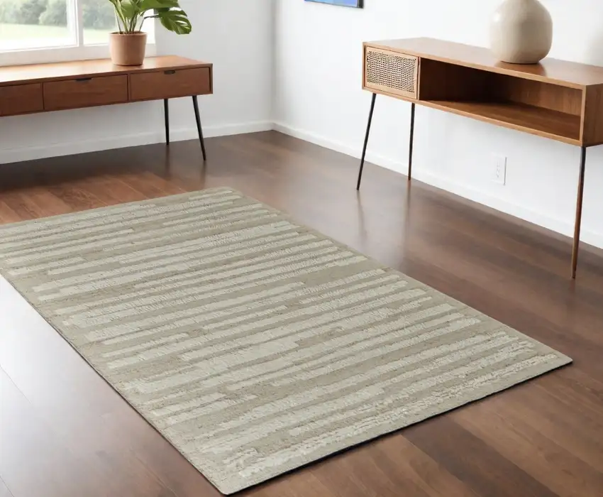 White and Tan Wool Striped Hand Woven Area Rug Photo 1