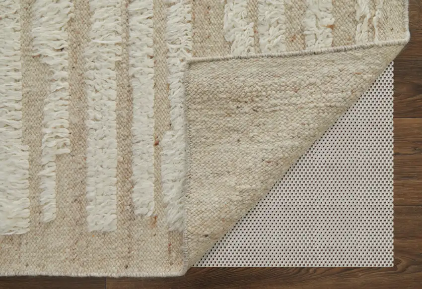 White and Tan Wool Striped Hand Woven Area Rug Photo 8
