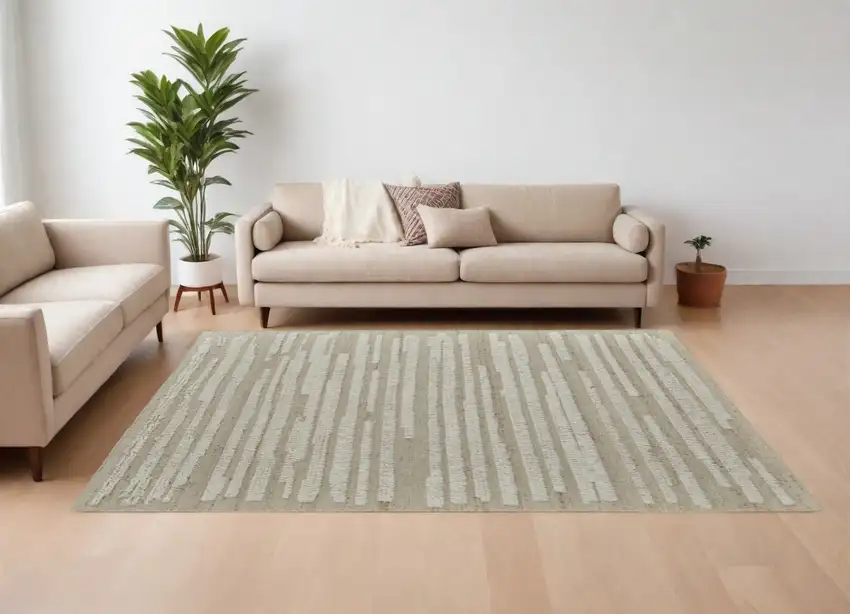 White and Tan Wool Striped Hand Woven Area Rug Photo 1