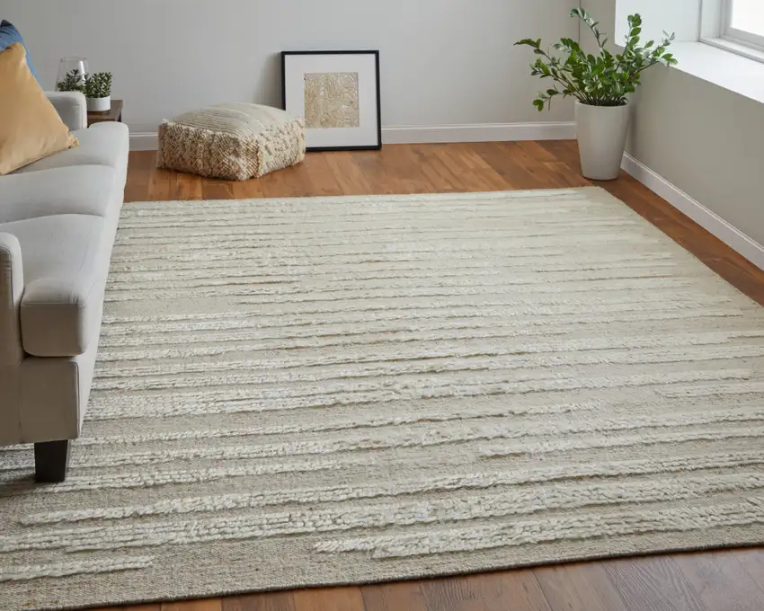 White and Tan Wool Striped Hand Woven Area Rug Photo 9