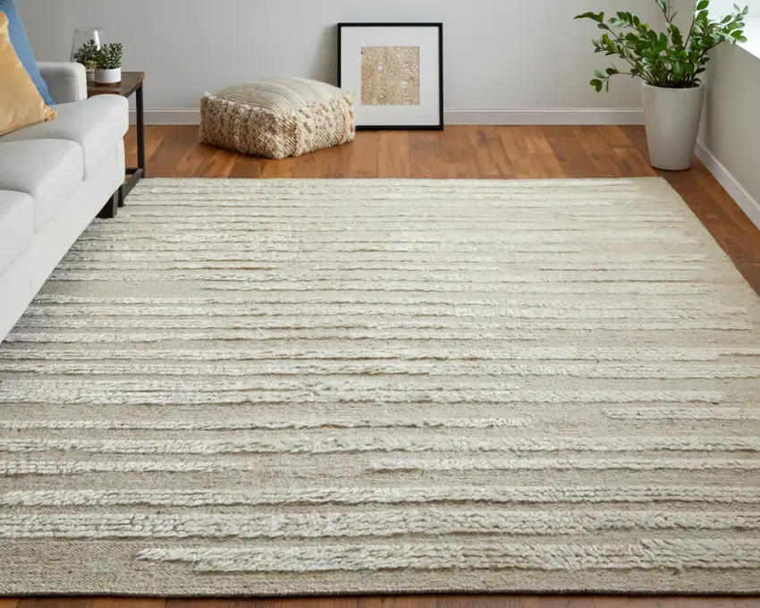 White and Tan Wool Striped Hand Woven Area Rug Photo 8