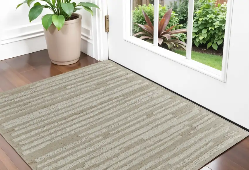 White and Tan Wool Striped Hand Woven Area Rug Photo 1