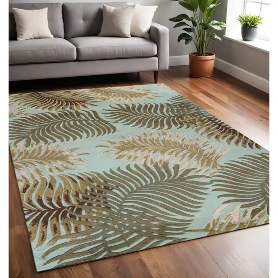 Aqua And Brown Wool Botanical Leaves Hand Tufted Area Rug Photo 1
