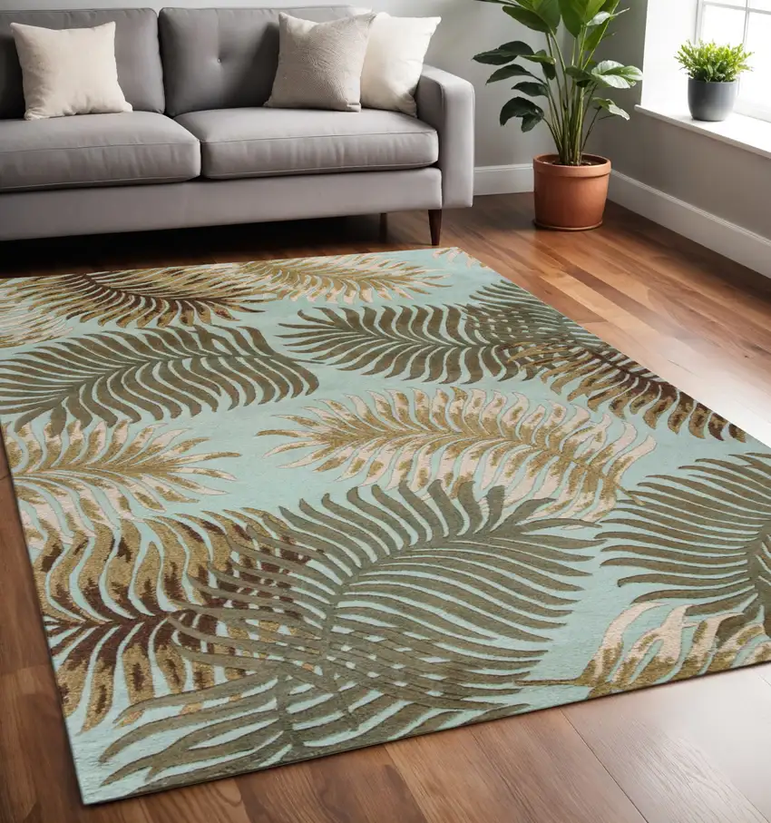 Aqua And Brown Wool Botanical Leaves Hand Tufted Area Rug Photo 1