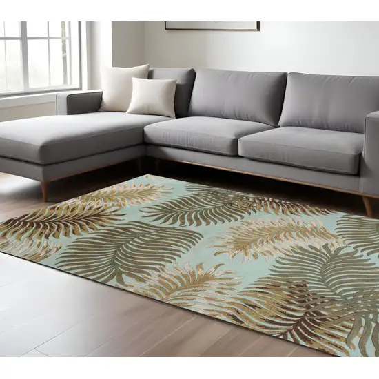 Aqua And Brown Wool Botanical Leaves Hand Tufted Area Rug Photo 1