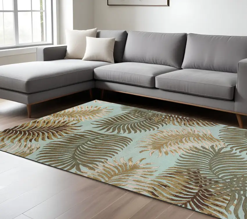 Aqua And Brown Wool Botanical Leaves Hand Tufted Area Rug Photo 1