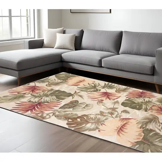 Beige Green And Pink Wool Botanical Leaves Hand Tufted Area Rug Photo 1