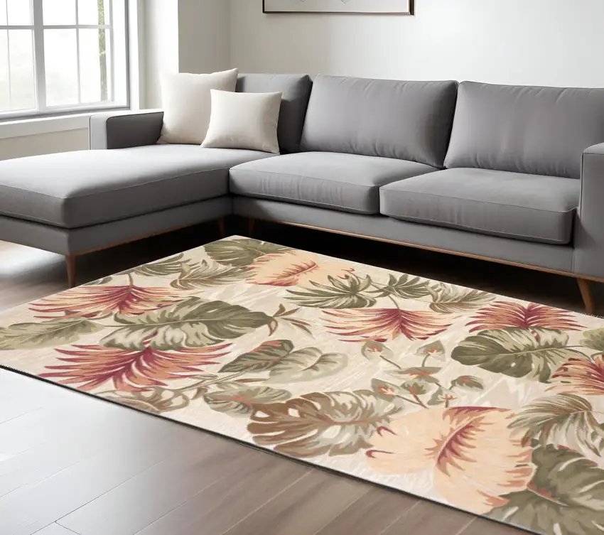 Beige Green And Pink Wool Botanical Leaves Hand Tufted Area Rug Photo 1