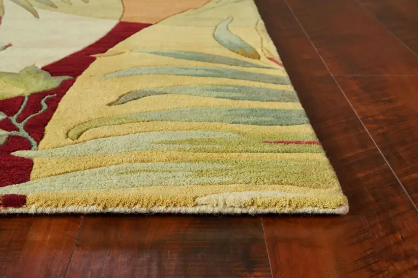 Coral Green And Ivory Wool Tropical Botanical Hand Tufted Area Rug Photo 9