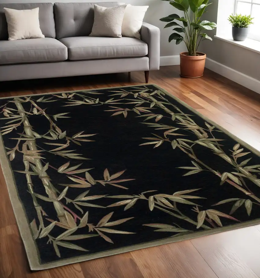 Black Green And Brown Wool Tropical Botanical Hand Tufted Area Rug Photo 1