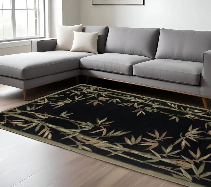 Black Green And Brown Wool Tropical Botanical Hand Tufted Area Rug Photo 1