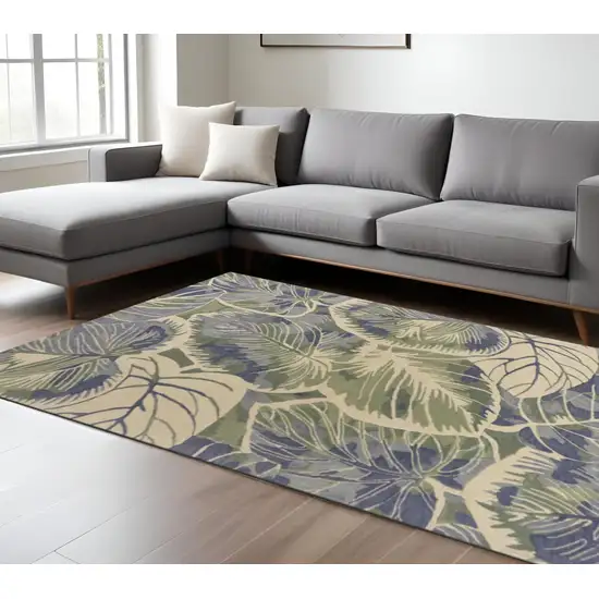 Blue Green And Beige Wool Tropical Botanical Hand Tufted Area Rug Photo 1