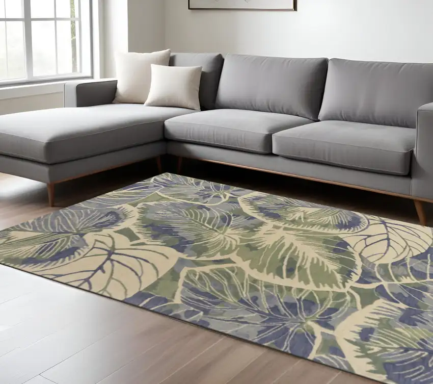 Blue Green And Beige Wool Tropical Botanical Hand Tufted Area Rug Photo 1