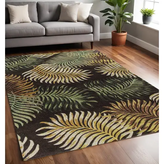 Espresso Green And Yellow Wool Botanical Leaves Hand Tufted Area Rug Photo 1