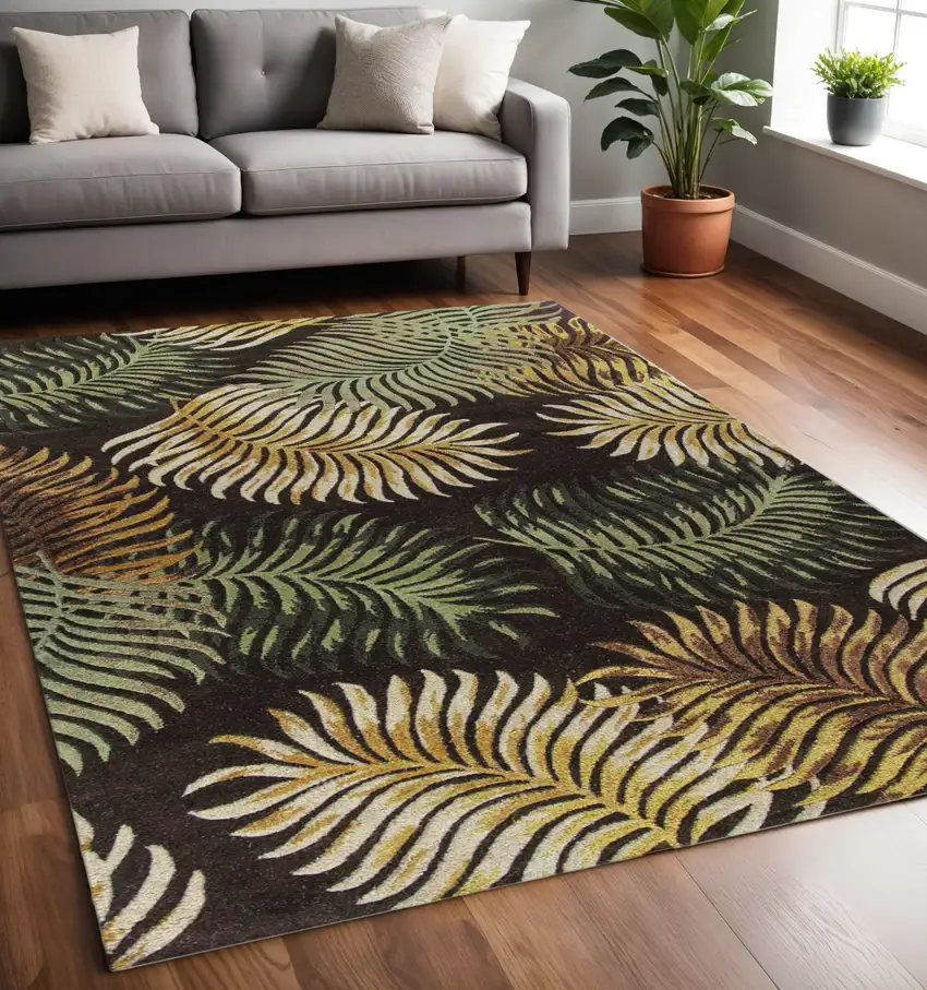 Espresso Green And Yellow Wool Botanical Leaves Hand Tufted Area Rug Photo 1