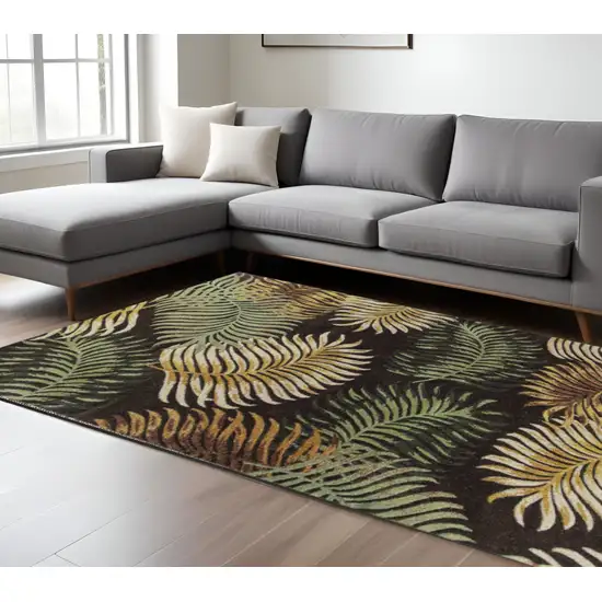 Espresso Beige And Green Wool Botanical Leaves Hand Tufted Area Rug Photo 1