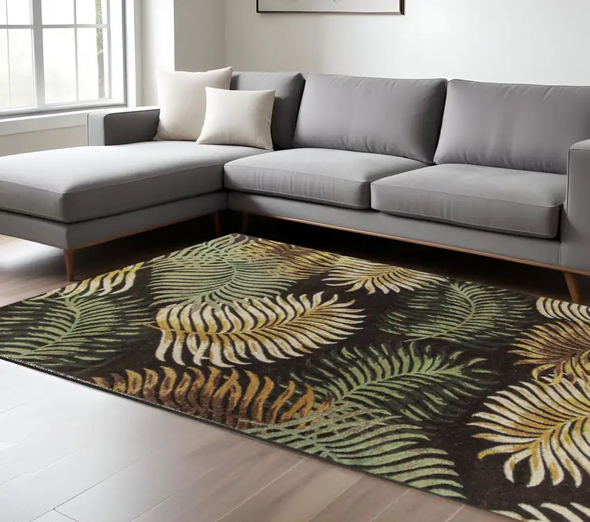 Espresso Beige And Green Wool Botanical Leaves Hand Tufted Area Rug Photo 1