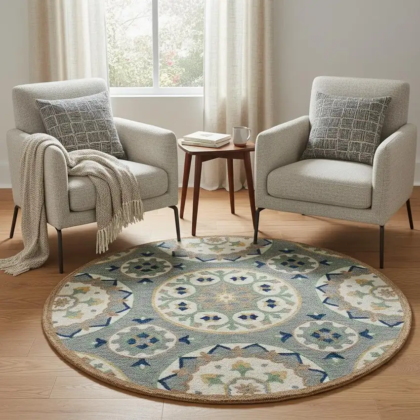 Wool Floral Hand Tufted Round Rug Photo 1