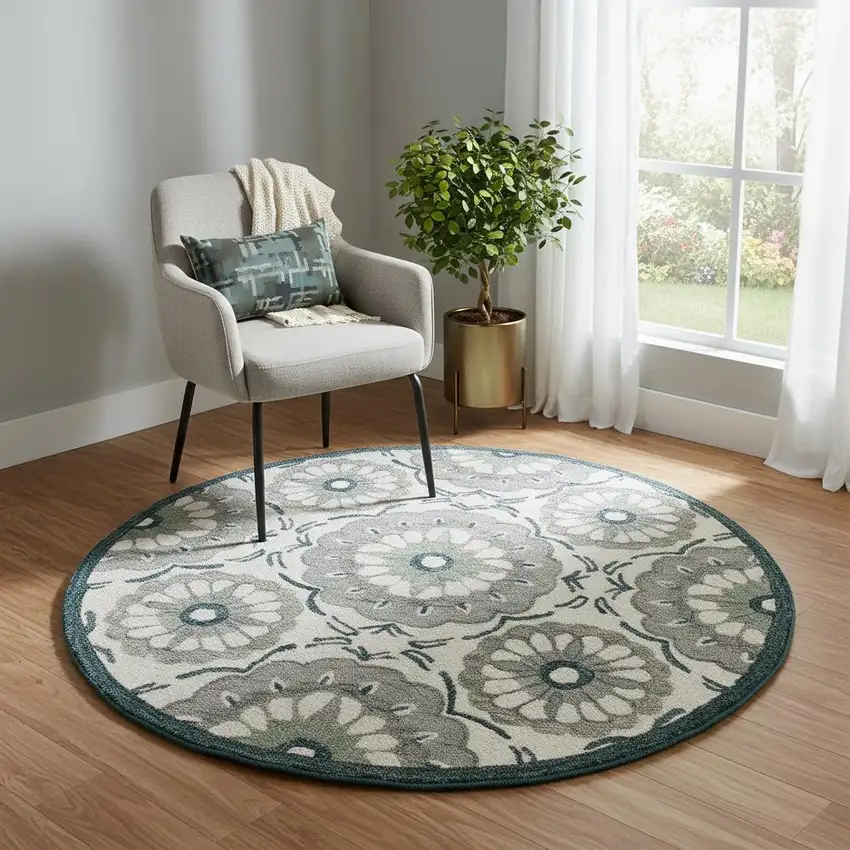 Wool Floral Hand Tufted Washable Round Rug Photo 1