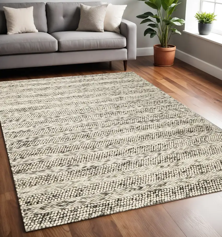Gray And Ivory Wool Striped Hand Woven Area Rug Photo 1
