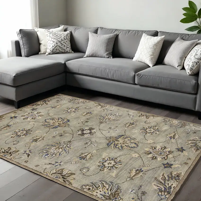 Gray Ivory And Brown Wool Floral Hand Tufted Area Rug Photo 1