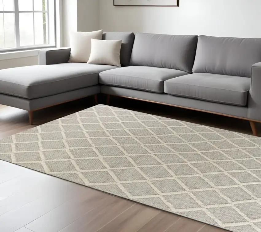 Gray And Ivory Wool Diamond Hand Woven Area Rug Photo 1