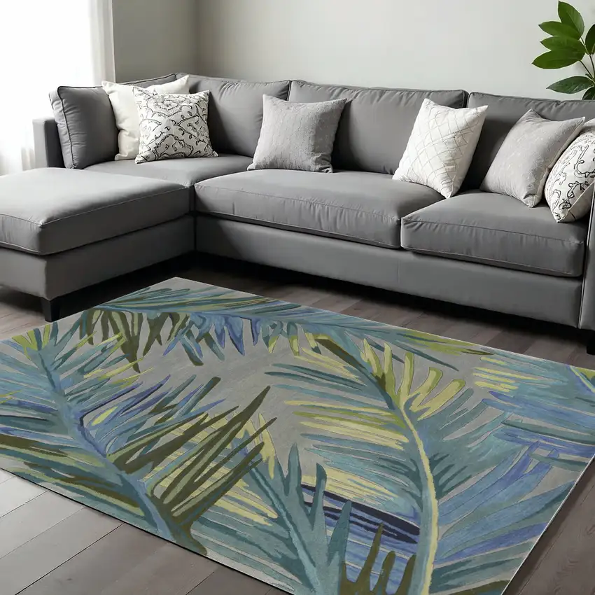 Blue And Gray Wool Tropical Botanical Hand Tufted Area Rug Photo 2